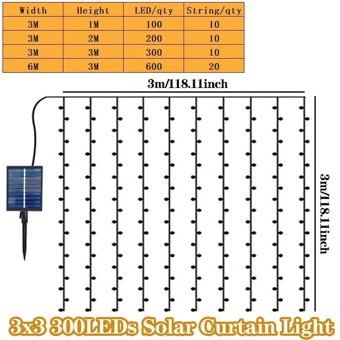 Christmas LED Solar Courtyard Curtain Lights Outdoor Waterproof Fairy String Lights with 8 Modes Garden Window Bedroom Wedding