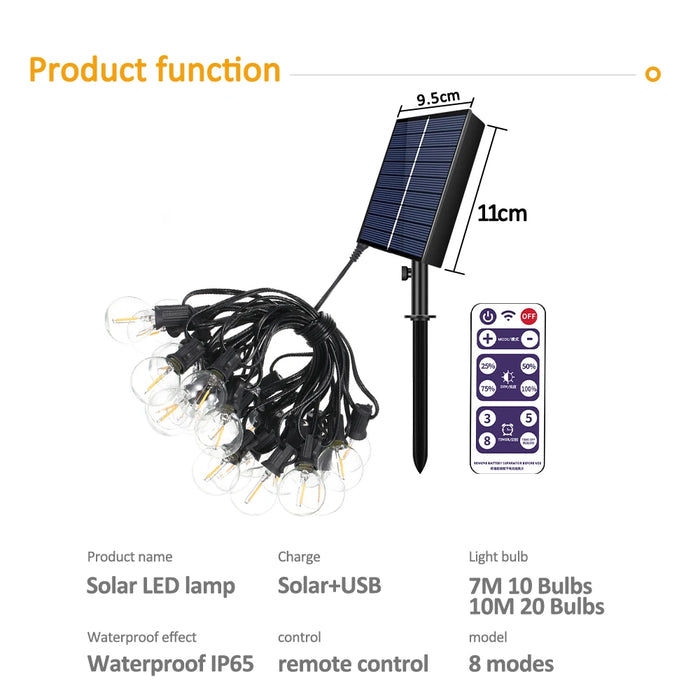 Solar String Lights Outdoor G40 Patio Lights, USB Recharger, 8 Light Modes, Shatterproof Bulbs , Weatherproof Hanging Light