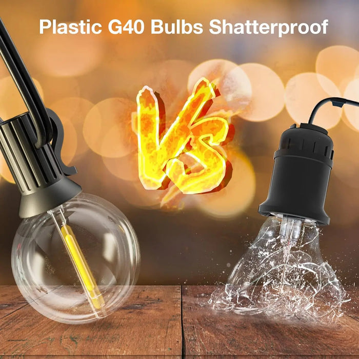 Solar String Lights Outdoor G40 Patio Lights, USB Recharger, 8 Light Modes, Shatterproof Bulbs , Weatherproof Hanging Light