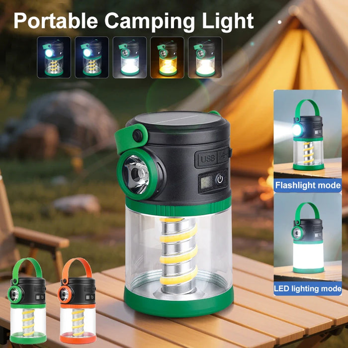 Solar Powered Camping Lamp Portable Flashlight Double Light Emergency Lights USB Charge Waterproof for Outdoor Hiking Tent