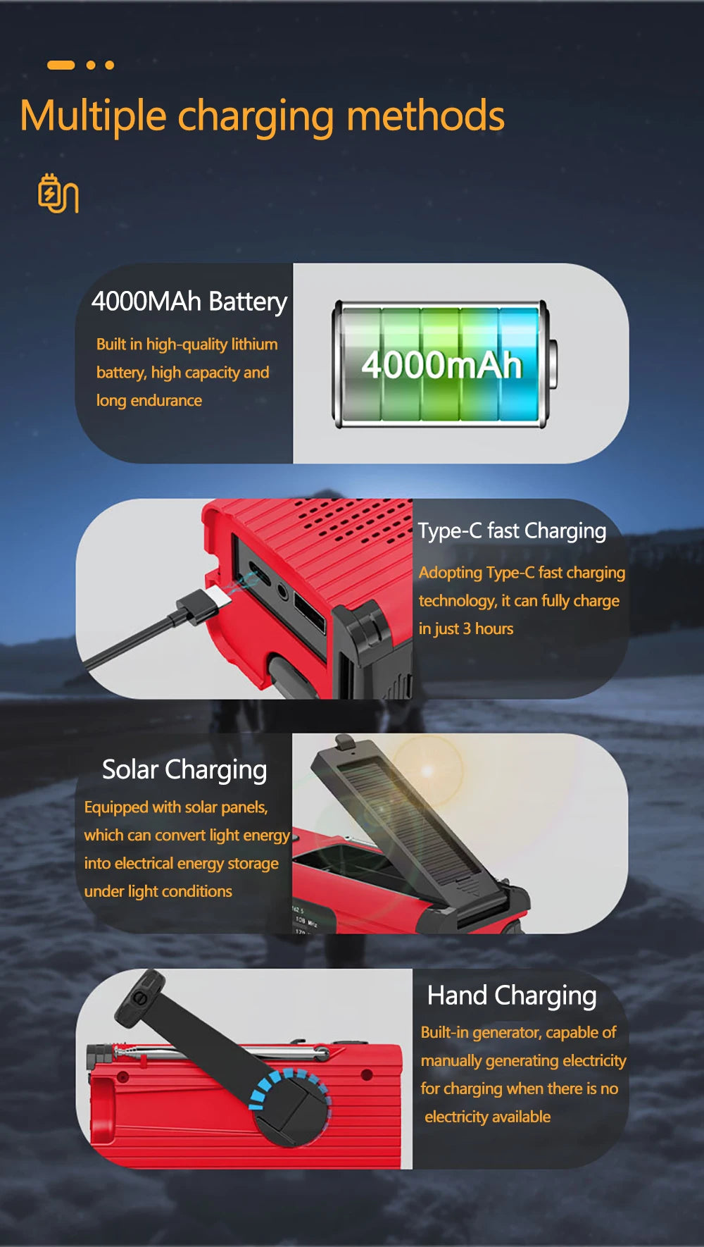 SOS Alarm Emergency Hand Crank Radio AM/FM NOAA Solar Power USB Chargeable 4000mAh Power Bank Portable Radio with LED Flashlight