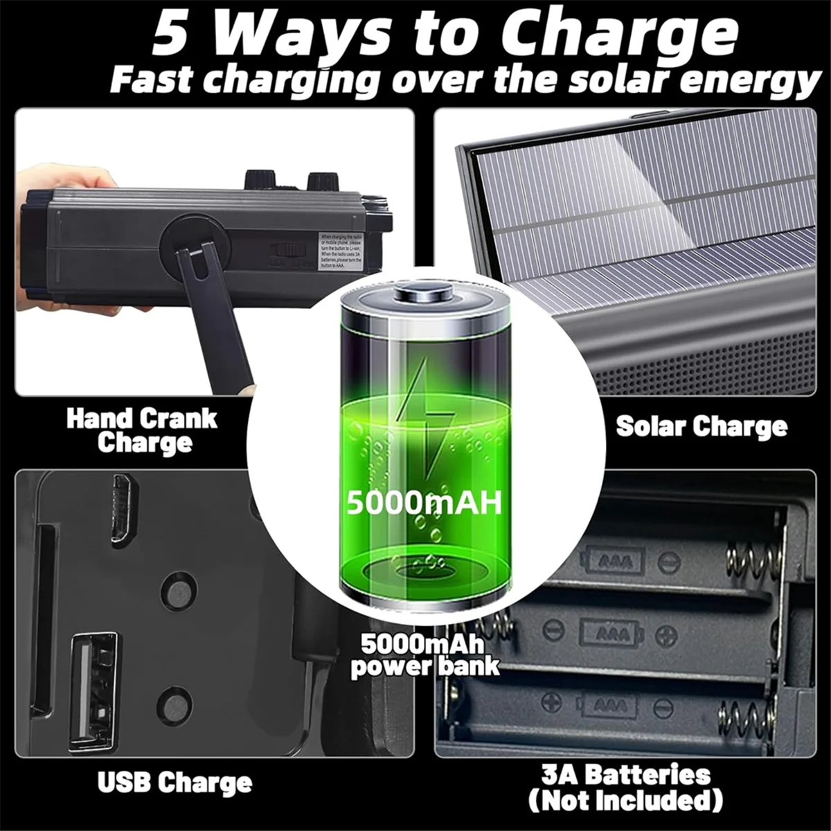 Sale Emergency Weather Radio Hand Crank Solar Radio Portable AM/FM/NOAA Radio with 5 Charging Modes Cell Phone Charger