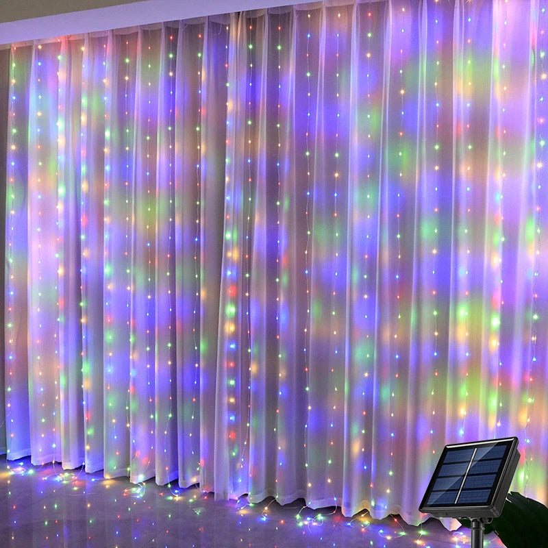 Solar LED Curtain Light Outdoor Garland Solar Fairy String Light Pavilion Garden Party Holiday Christmas Decor Copper Wire Lamps