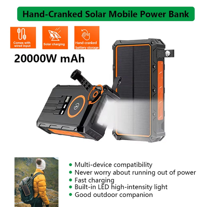 Portable Hand Crank Solar Power Bank With Light 20000mAh Large Capacity Fast Charging Mobile Power Supply Charger Station