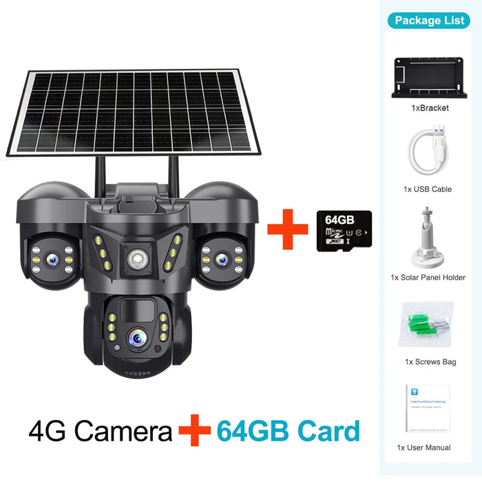 Solar Power 4G Camera With Europe Sim Card Triple Lens Three Screens Outdoor Waterproof Battery CCTV Security V380 Video Camaras