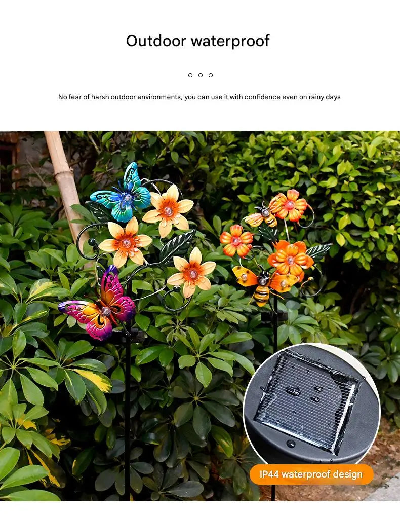 Solar Garden Lights Flowers Insect Decorative Garden Stakes Sun Lamp Waterproof Metal Yard Art Decor For Outside Lawn Yard Patio