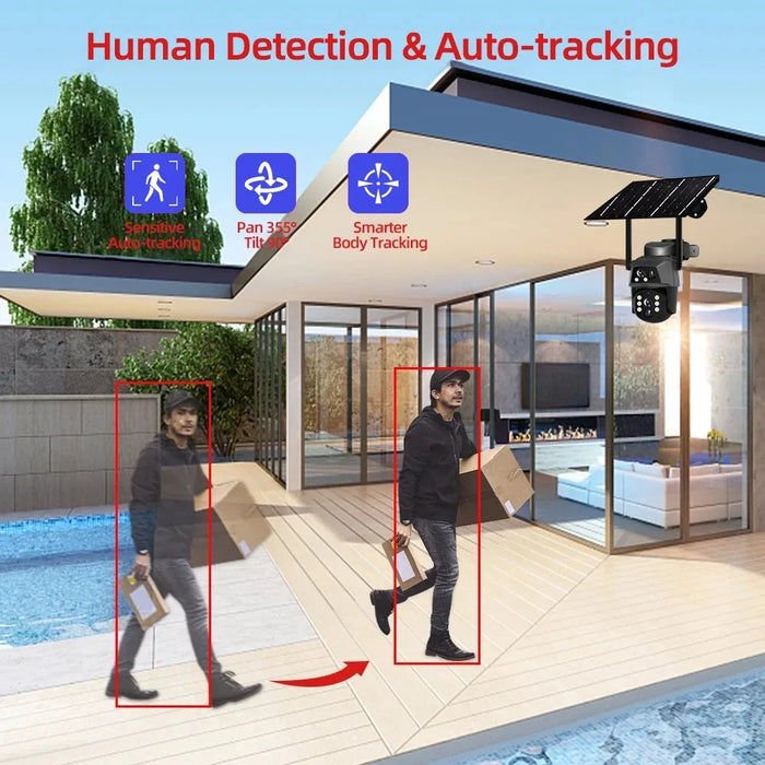 Solar Camera 4G Sim Card Outdoor Dual Lens 8MP 4K IP Camara With Solar Panel CCTV Security Built in Battery PIR Motion Detection