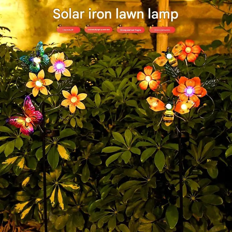 Solar Garden Lights Flowers Insect Decorative Garden Stakes Sun Lamp Waterproof Metal Yard Art Decor For Outside Lawn Yard Patio