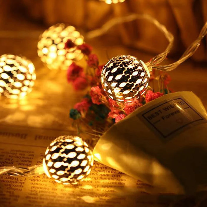 Solar LED String Lights Outdoor Iron Art Moroccan Ball Led String Lamp Gold Ball Silver Iron Round Ball
