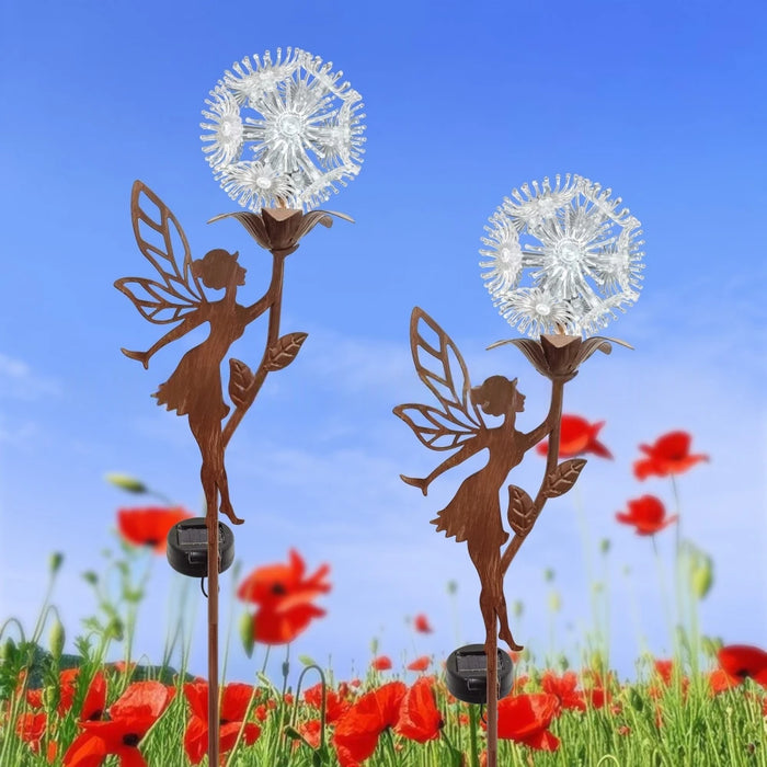 Solar Flower Dancing Dandelion Fairy Garden Sculptures Light Garden Ornaments Art Decorations for Outdoor Yard Lawn Patio