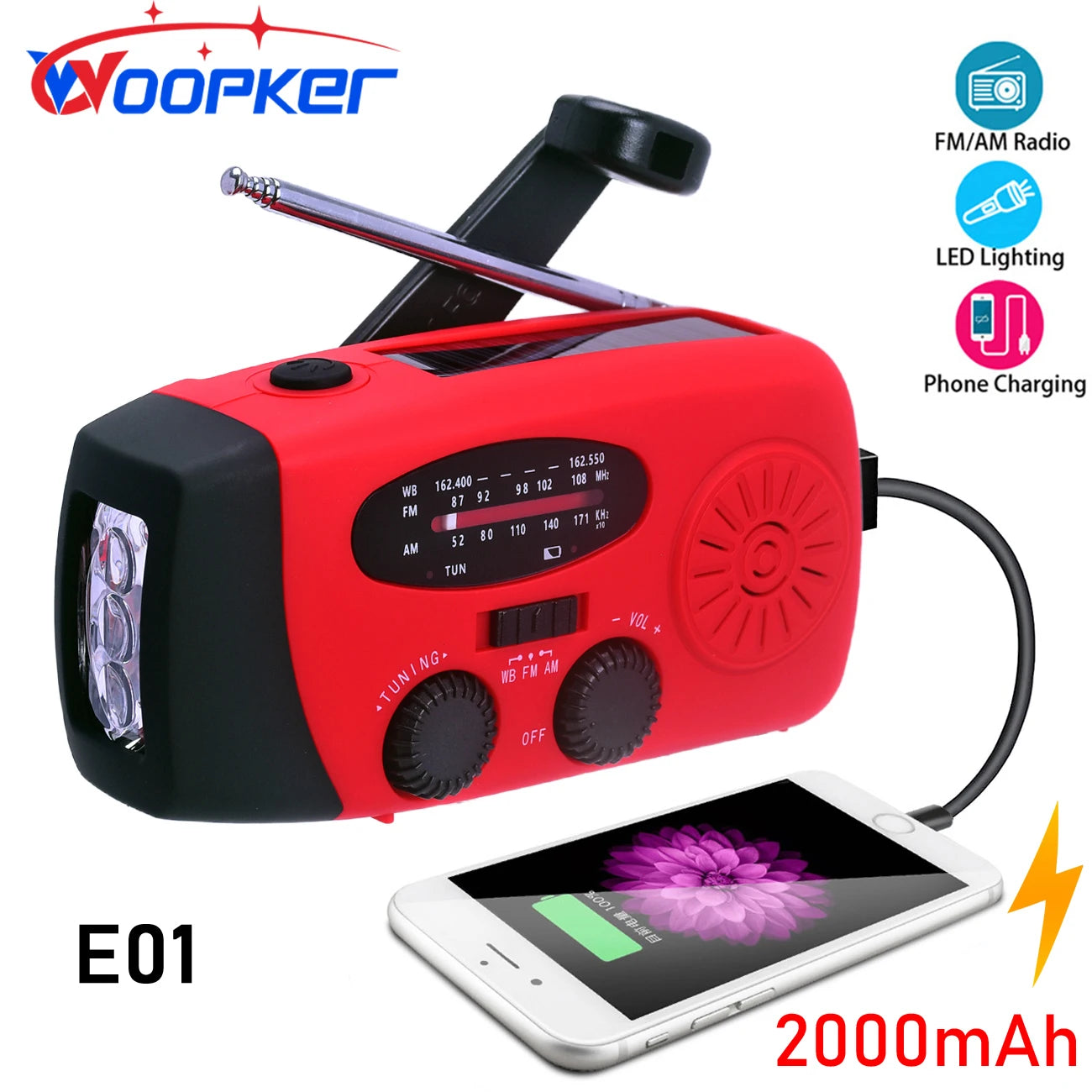 SOS Car Emergency Radio 2000mAh LED Light Large Capacity Hand Powered Solar Rechargeable Portable USB (FM/AM/NOAA) WB Radio