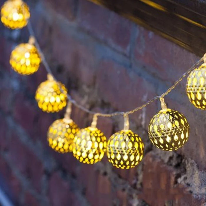 Solar LED String Lights Outdoor Iron Art Moroccan Ball Led String Lamp Gold Ball Silver Iron Round Ball