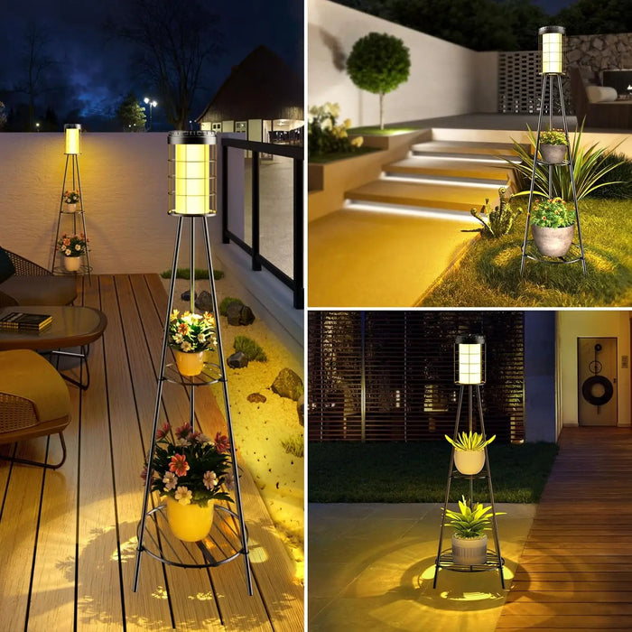 Outdoor Patio Decor Solar Floor Lamp with Plant Stand Waterproof Flower Shelf Solar Lights for Porch Garden Deck Yard