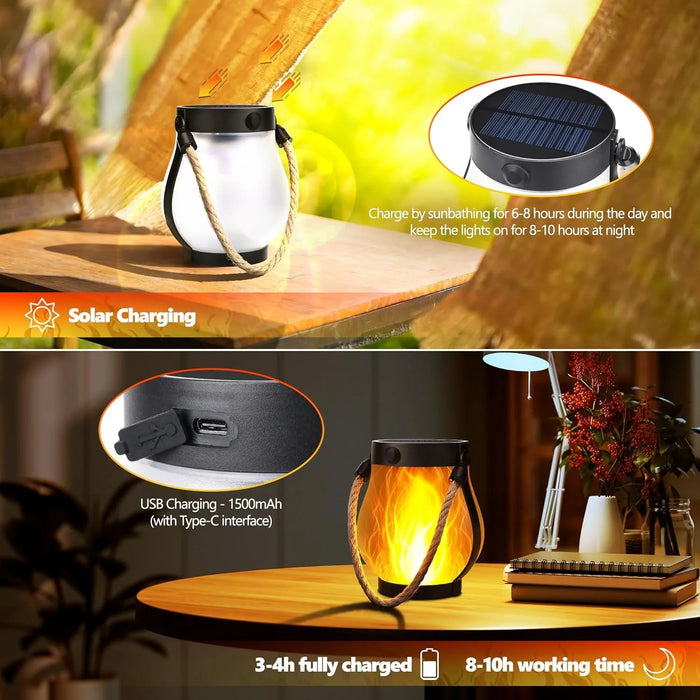 Solar Lantern Lights Flame Garden Light with USB & Solar Charging Waterproof Hanging Lantern for Yard Patio Decor Decoration