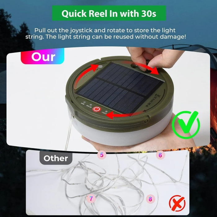 Solar Camping Lamp with String Lights LED Portable Waterproof Tent Lamp with 8 Lighting Modes Hanging Rechargeable Tent Lantern
