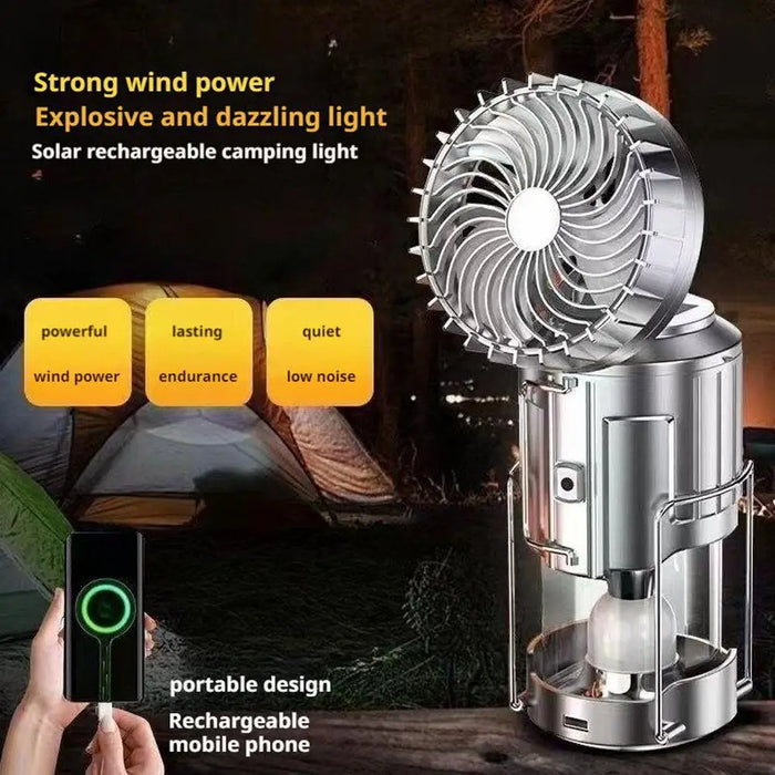 Solar Portable Camping Lantern with Electric Fan 1500mAh LED Solar Power Rechargeable Hanging Tent Lamp for Outdoor Emergency