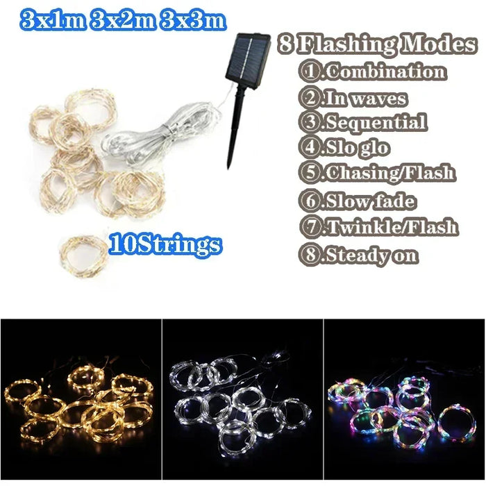 Christmas LED Solar Courtyard Curtain Lights Outdoor Waterproof Fairy String Lights with 8 Modes Garden Window Bedroom Wedding