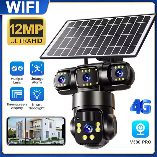 12MP Solar Surveillance Camera Wireless Outdoor 3 Lens Solar IP Camera PIR Color Night Vision Auto Tracking Battery CCTV Camera