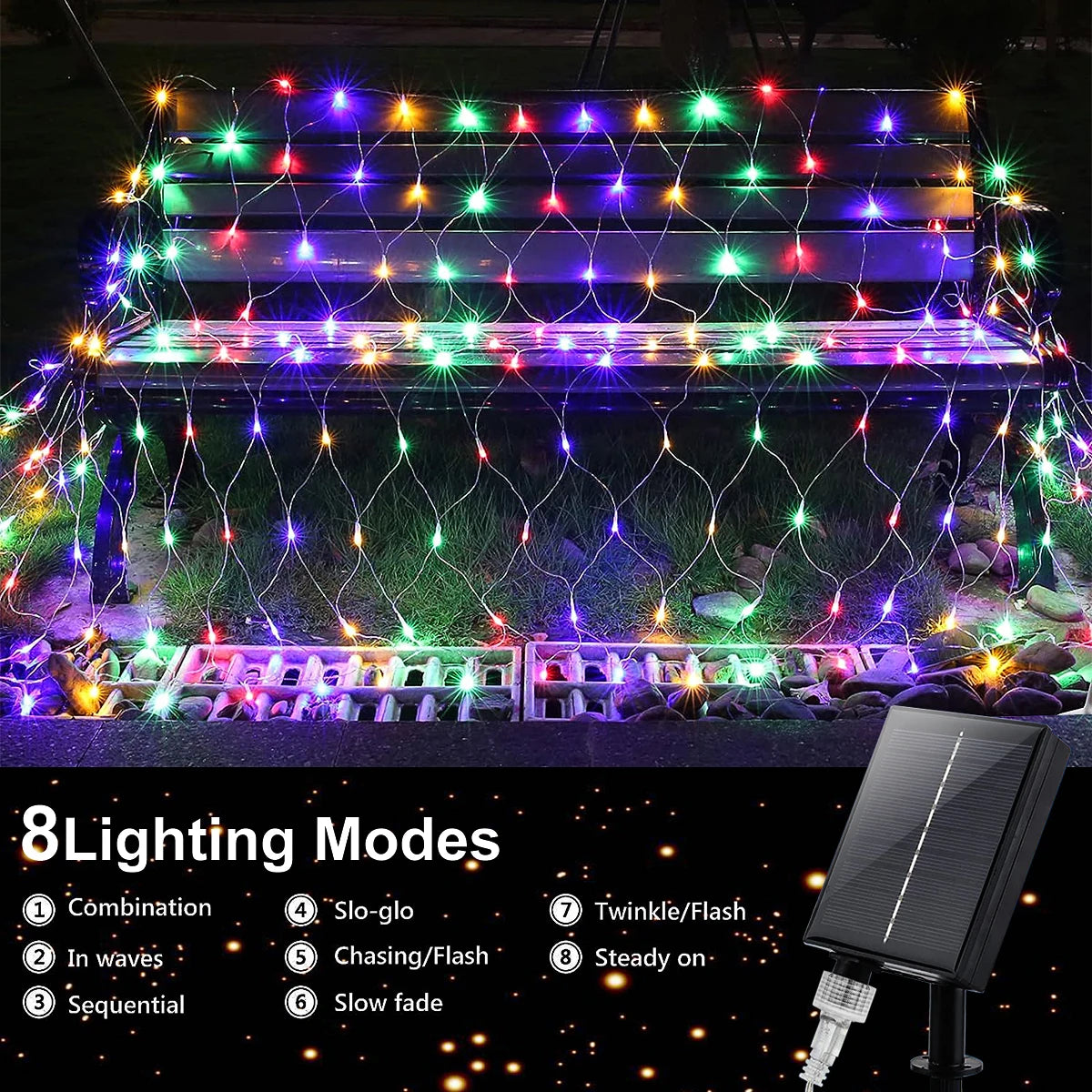 1pc Solar Net Lights Bush Net Lights Mesh Lights 8 Modes Remote Control Auto On/Off Outside Twinkle Lights For Patio Wall Roof