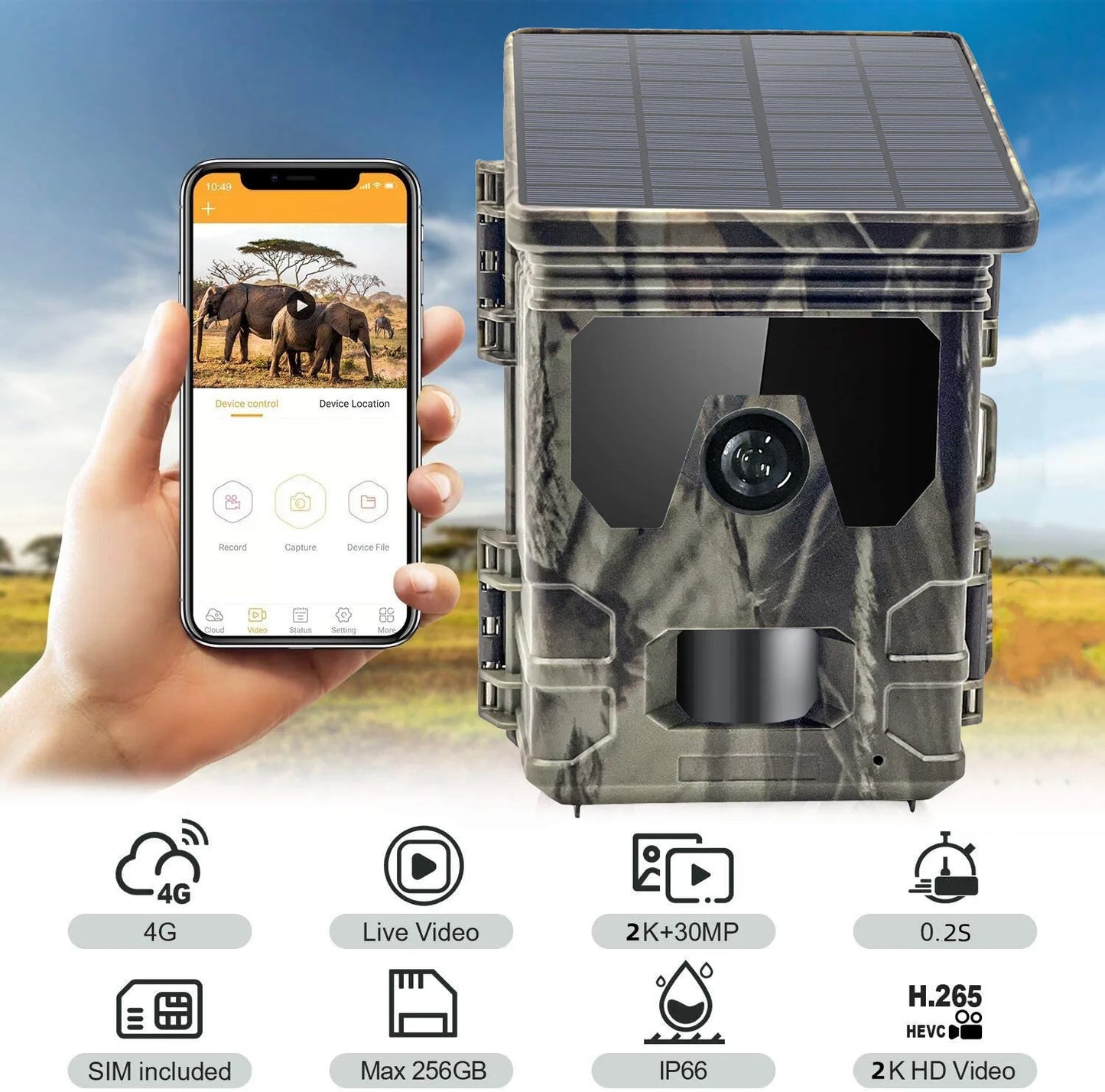 Solar Charging Hunting Camera, Outdoor Game Cam, Night Vision, 120 ° Detection, Wildlife Recording, 2K, 30MP, 4G