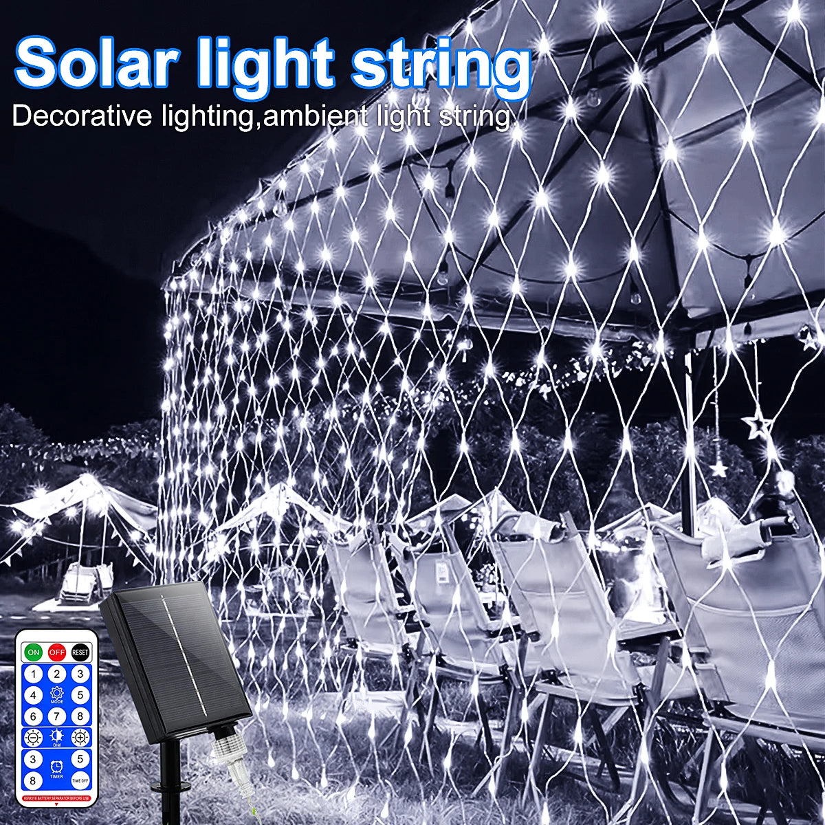 1pc Solar Net Lights Bush Net Lights Mesh Lights 8 Modes Remote Control Auto On/Off Outside Twinkle Lights For Patio Wall Roof