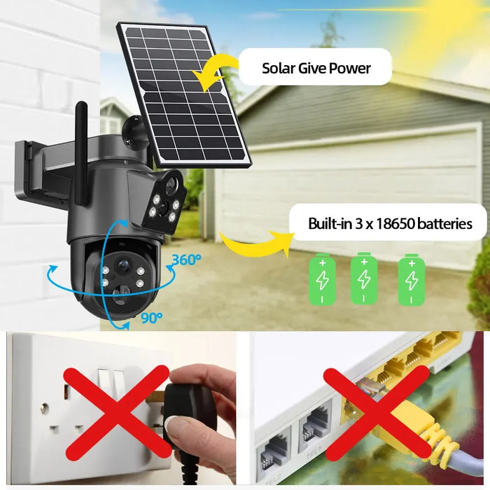 4K 8MP Wireless Solar PTZ Camera Dual Lens Color Night Vision Wifi CCTV Security Camera Built in Battery PIR Detection IP Cam