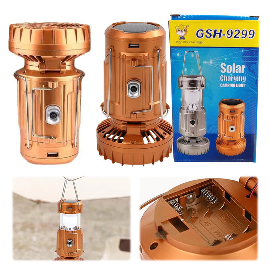 Solar Camping Lantern with Fan Rechargeable LED Lantern Multifunctional Camp Lamp for Power Outages Hiking