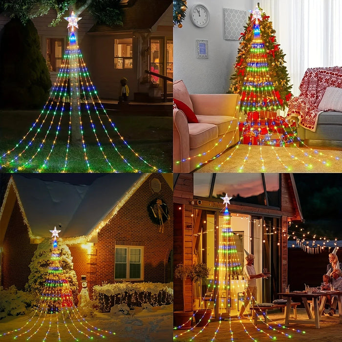 350 LED Solar Christmas Star String Lights 9 Strands Outdoor Fairy Waterfall Tree Lights  For Garden Yard Patio Xmas Decor