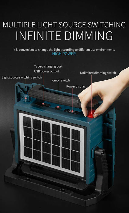 Rechargeable Solar Flood Light Outdoor Portable LED Reflector Spotlight IP66 Waterproof Camping Work Light Floodlight