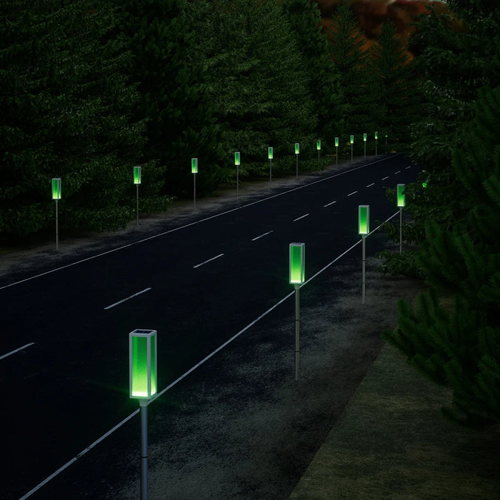 Solar powered bollard lights with multiple color and lighting mode options.，Suitable for driveways, gardens, and paths.