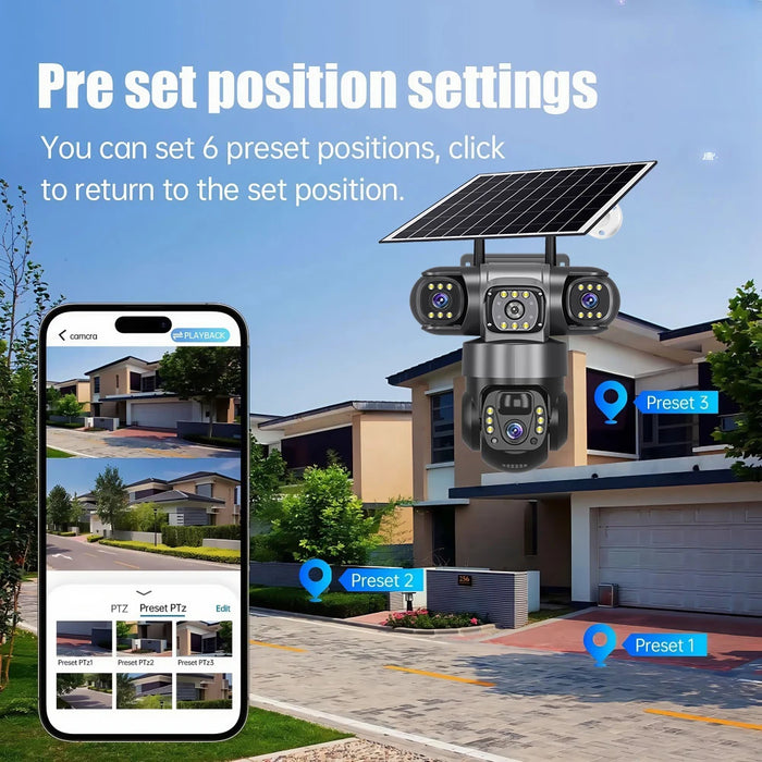 4G Solar Camera Outdoor Triple Lens Triple Screen 6K 12MP Auto Tracking IP Camera CCTV Audio Video PTZ Surveillance WIFI Camera