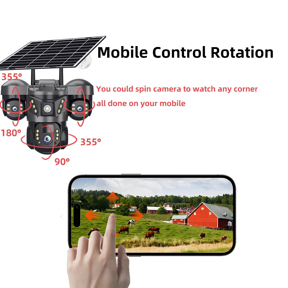 15MP 4G Solar Camera PTZ Outdoor CCTV Triple Lens Three Screen PIR Colour Night Vision Weatherproof V380 PRO Cameras