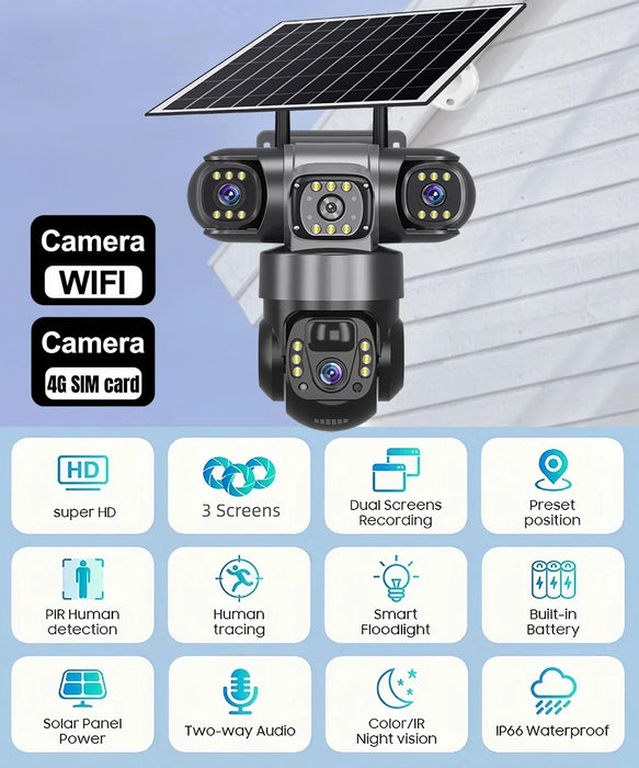 4G Solar Camera Outdoor Triple Lens Triple Screen 6K 12MP Auto Tracking IP Camera CCTV Audio Video PTZ Surveillance WIFI Camera