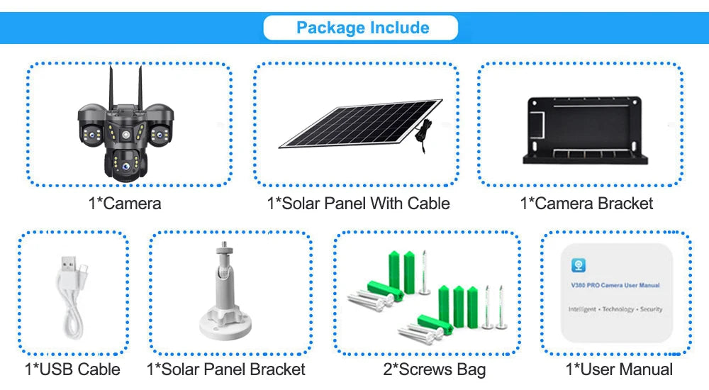 Solar Power 4G Camera With Europe Sim Card Triple Lens Three Screens Outdoor Waterproof Battery CCTV Security V380 Video Camaras