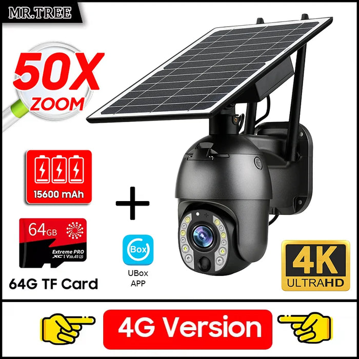 Home Outdoor Surveillance Solar Camera 4G SIM 50X Optical Zoom 4K Wifi Security Protection Cam Human Detection CCTV IP Cameras