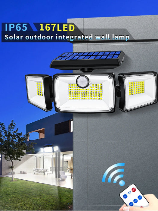 Security Solar Lights Outdoor 167 LED Adjustable 3 Heads with 3 Modes Wireless Motion Sensor Super Waterproof  Spot Flood Lights