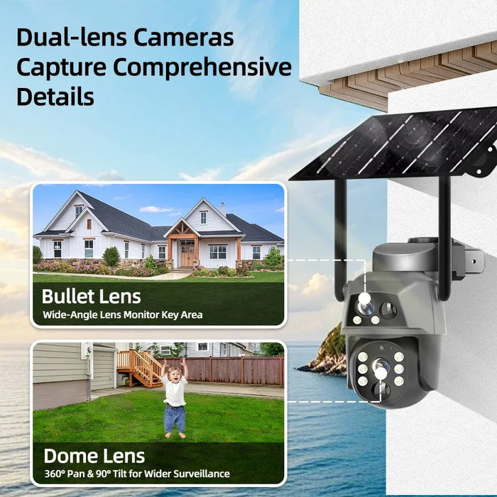 Solar Camera 4G Sim Card Outdoor Dual Lens 8MP 4K IP Camara With Solar Panel CCTV Security Built in Battery PIR Motion Detection