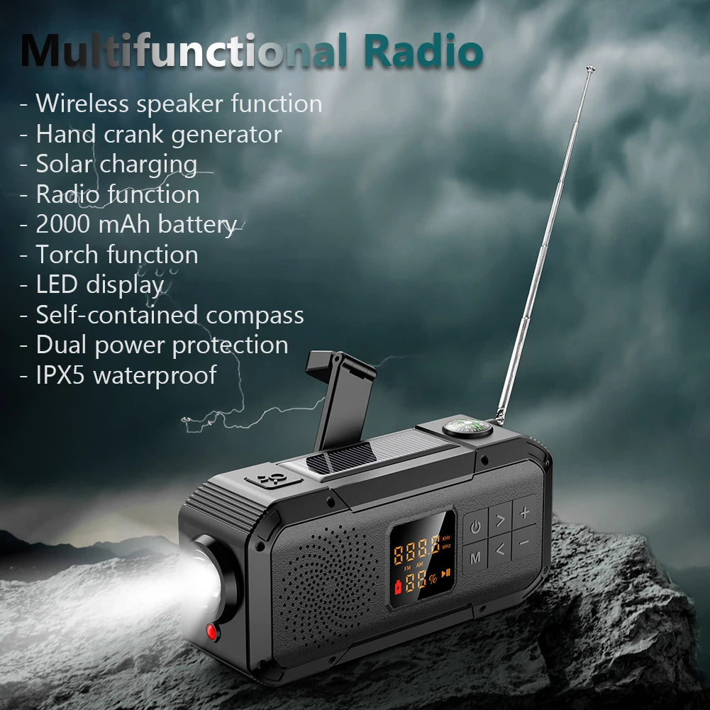 AM/FM/WB/NOAA Emergency Radio Hand Crank Solar Powered Radio Multifunction Weather Radio with BT Flashlight SOS for Outdoor