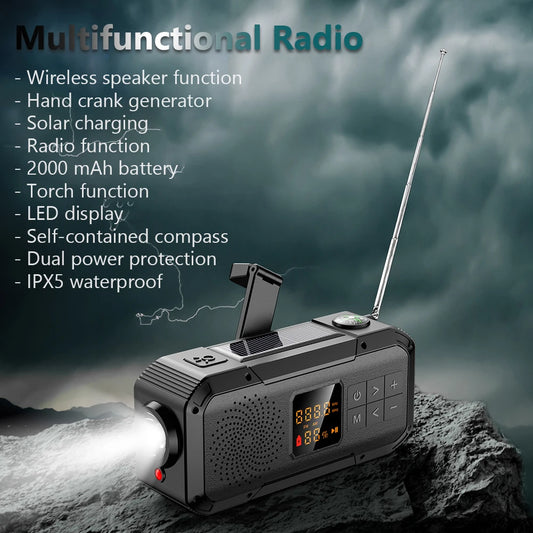 AM/FM/WB/NOAA Emergency Radio Hand Crank Solar Powered Radio Multifunction Weather Radio with BT Flashlight SOS for Outdoor