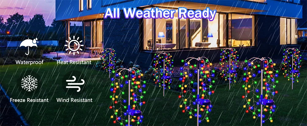 Solar-Powered Garden Lights Outdoor Waterproof Firecracker Fireworks Lights for Patio Pathway Lawn Party Camping Decoration