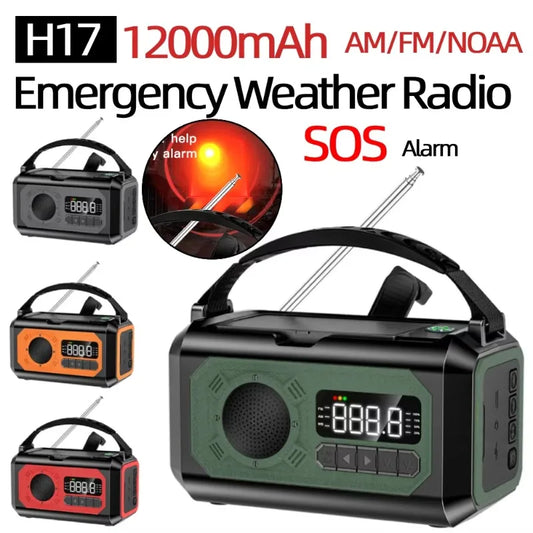 12000mAh Emergency Radio Hand Crank Portable Solar Radio Weather Radio SOS Alarm Flashlight Phone Charger Compass Reading Lamp