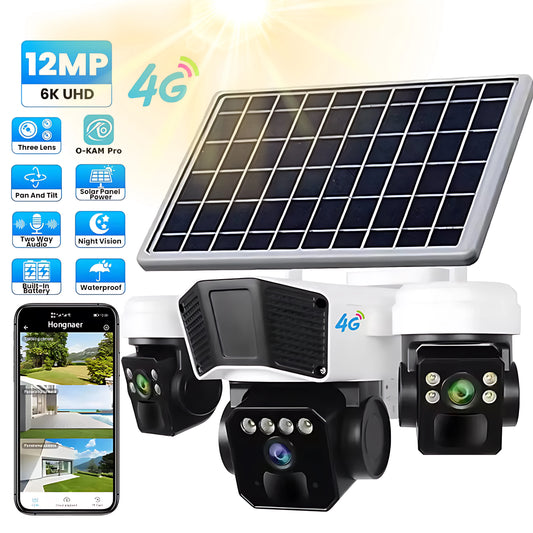 12MP Solar Powered Wireless Surveillance IP 4G Sim Card Camera O-KAM Pro 6K 3 lens Security Outdoor Solar Waterproof CCTV Camera