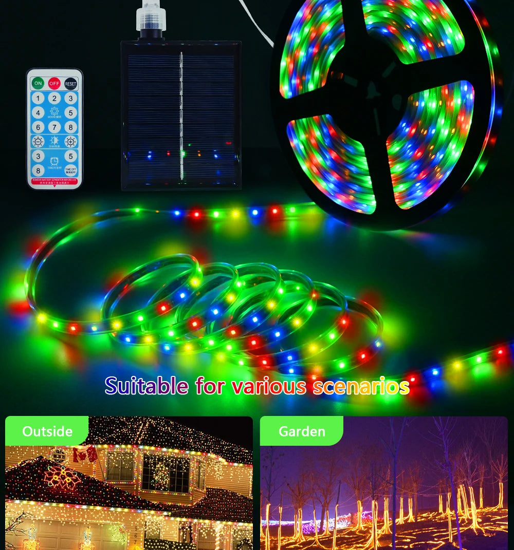 Solar LED Strip Light 8 Modes Fairy Lights Atmosphere IP67 Waterproof 5M 10M Wall Decoration Solar Lamp Christmas Colorful