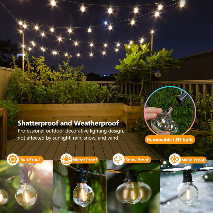 Solar String Lights Outdoor G40 Patio Lights, USB Recharger, 8 Light Modes, Shatterproof Bulbs , Weatherproof Hanging Light