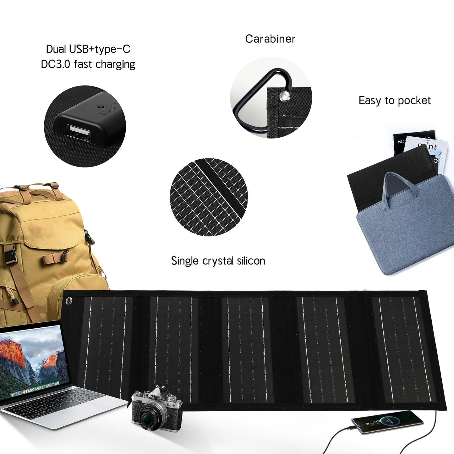 35W Portable Foldable Solar Panel Charger with USB Port - Compact & Lightweight Design for Outdoor Travel & Camping