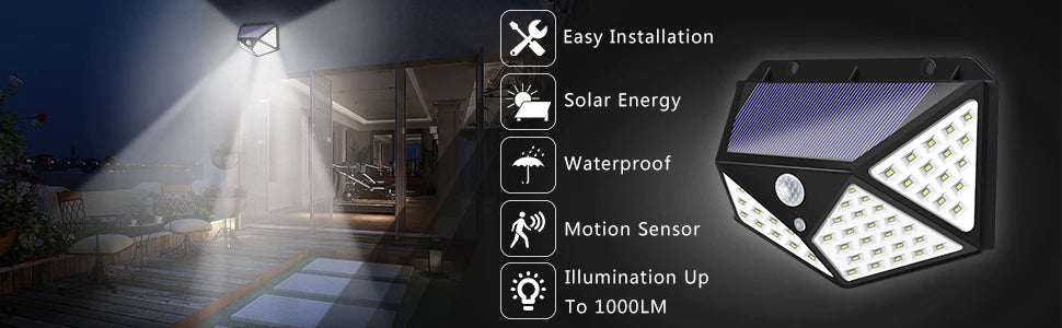 Solar Security Lamp Outdoor Garden Decor Waterproof Solar Powered 100 LED PIR Motion Sensor Spotlight for Yard & Pathway, Fence.
