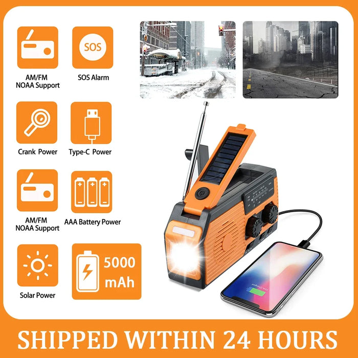 Solar Hand Crank Radio Portable Multifunctional Radio AM/FM/WB NOAA Weather Radio LED Flashlight Power Bank for Outdoor Camping