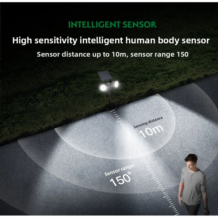 Solar spotlights for outdoor courtyard landscapes, dual head ground penetrating trees, human body sensing lawn lights