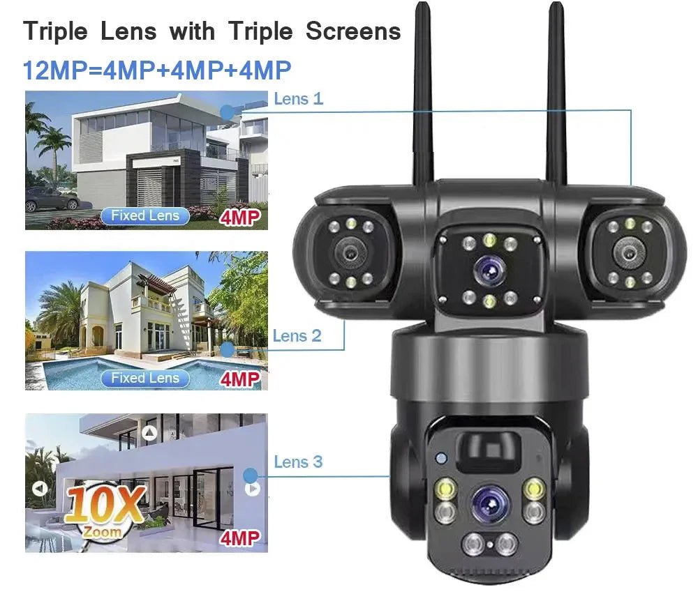 12MP Solar Surveillance Camera Wireless Outdoor 3 Lens Solar IP Camera PIR Color Night Vision Auto Tracking Battery CCTV Camera