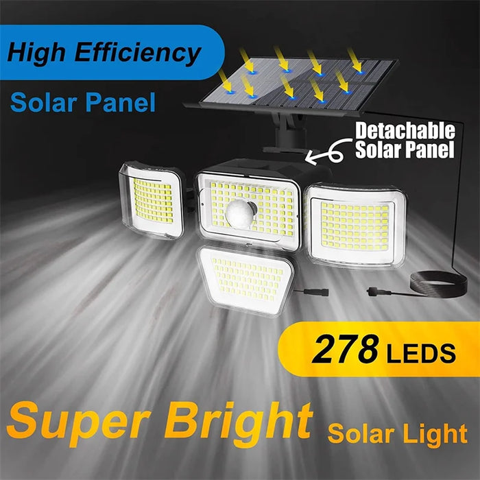 Solar Lights Outdoor 278LED Security Lights Motion Sensor with Remote Control 4 Heads Waterproof Solar Flood Wall Lights Garden